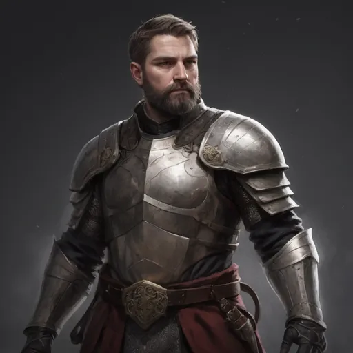 Prompt: (Full body) male stocky masculine mature royal knight with short hair and beard, hairy chest, in a dark field, pathfinder, d&d setting, in a realistic high quality digital art style