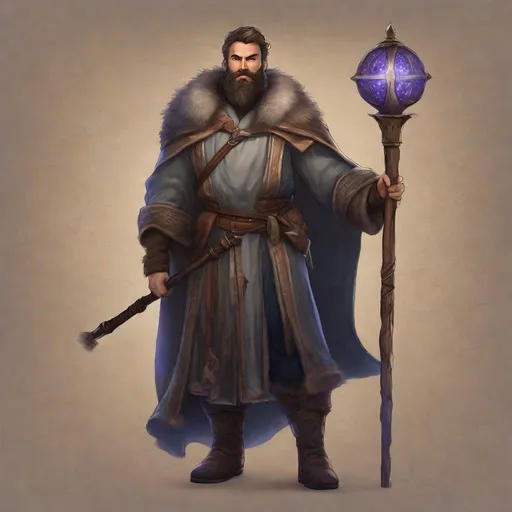 Prompt: (Full-body) A handsome large hairy male fantasy mage with short hair and short beard, hairy chest visible, holding a magic wooden staff, old street, matte shaded illustration, realistic digital art