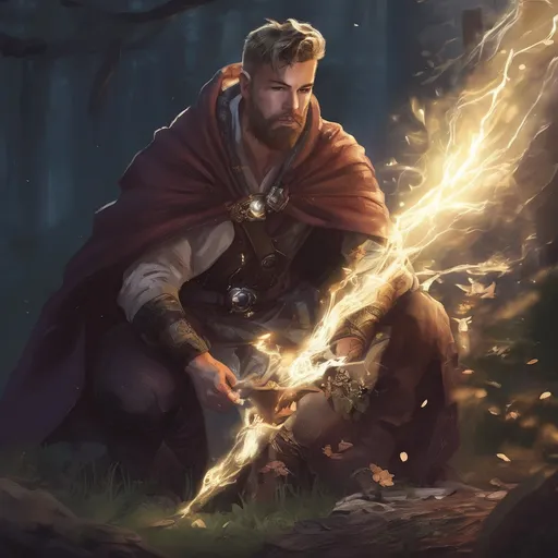 Prompt: (Full body) male stocky young magical druid with short-cut hair and beard, casting a magical spell, in nature in the dark, cloak, pathfinder, d&d setting, in a realistic digital art style