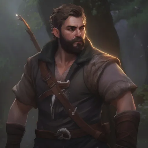 Prompt: (Full body) male stocky ranger with short-cut hair and beard, no shirt on, hairy chest, casting a swirly nature-spell, in nature at night pathfinder, d&d setting, in a realistic digital art style