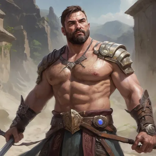 Prompt: (torso) Male stocky large fat beefy 37-year old battle-magus with short-cut hair and beard, open shirt hairy chest, in combat casting a magic-ray out of hands in a windy path, pathfinder, d&d setting, in a realistic high quality digital art style, enhanced shadow quality, colorful