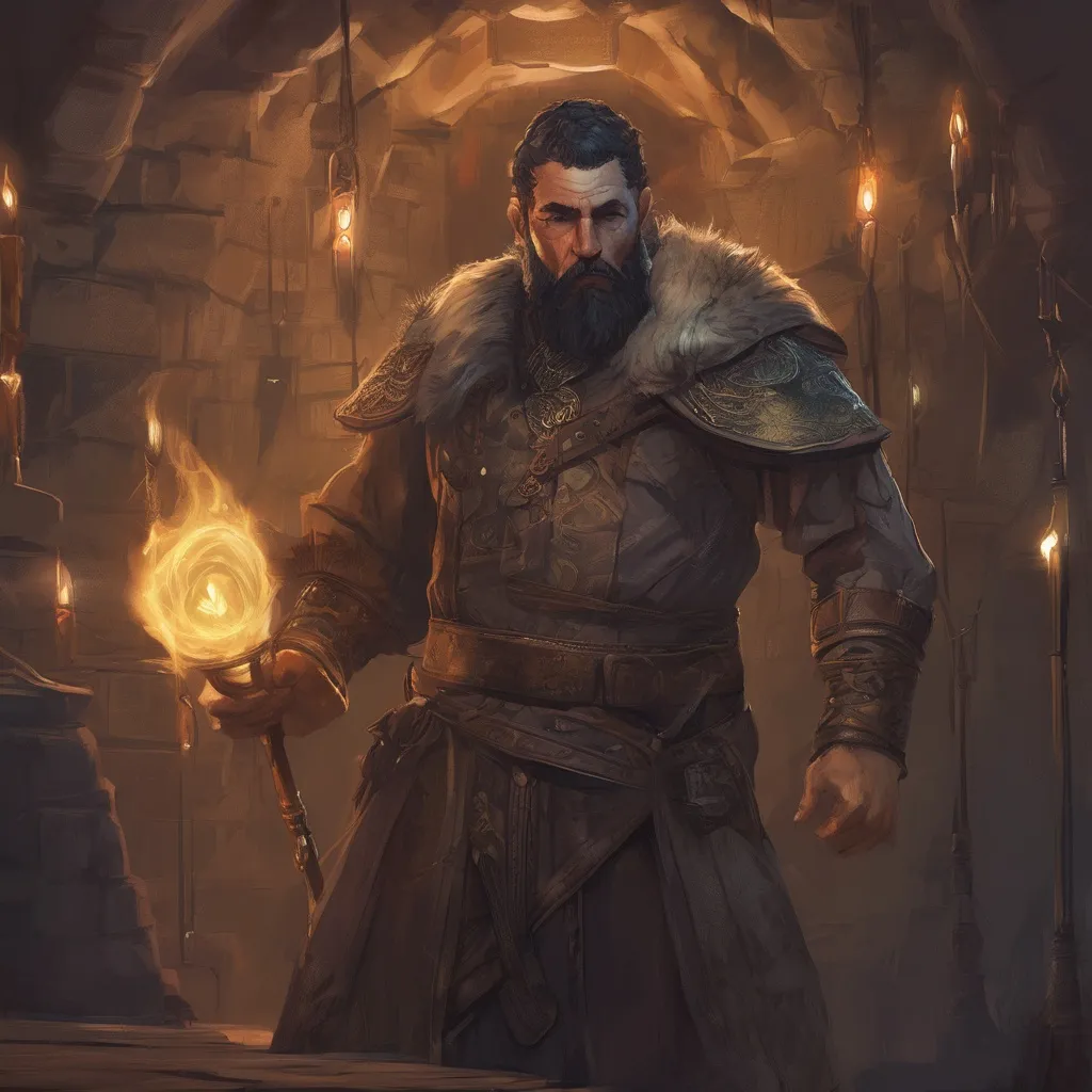 Prompt: (Full body) male stocky big arcane-sorcerer with short-cut hair and beard, holding magic staff with swirly lights, no shirt on, very-hairy chest, in a dark underground dungeon temple, pathfinder, d&d setting, in a realistic digital art style