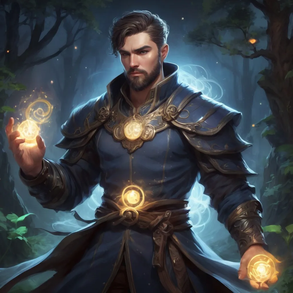 Prompt: (Full body) male stocky young muscular cleric with short-cut hair and a beard, casting a swirly astral-spell, in nature at night pathfinder, d&d setting, in a realistic digital art style