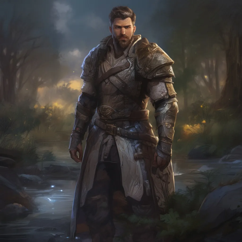 Prompt: (Full body) male manly stocky holy paladin with dark short-cut hair and beard, in nature at night, pathfinder, d&d setting, in a realistic digital art style