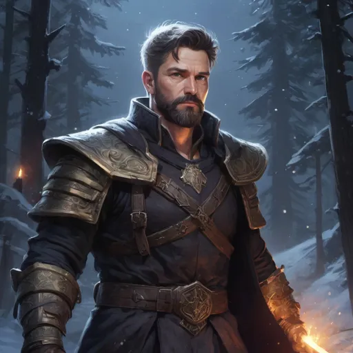 Prompt: Male stocky mature swordsman, with short hair and beard, standing on an old temple in a winter forest at night, pathfinder, d&d setting, in a realistic high quality digital art style, enhanced shadow quality, colorful