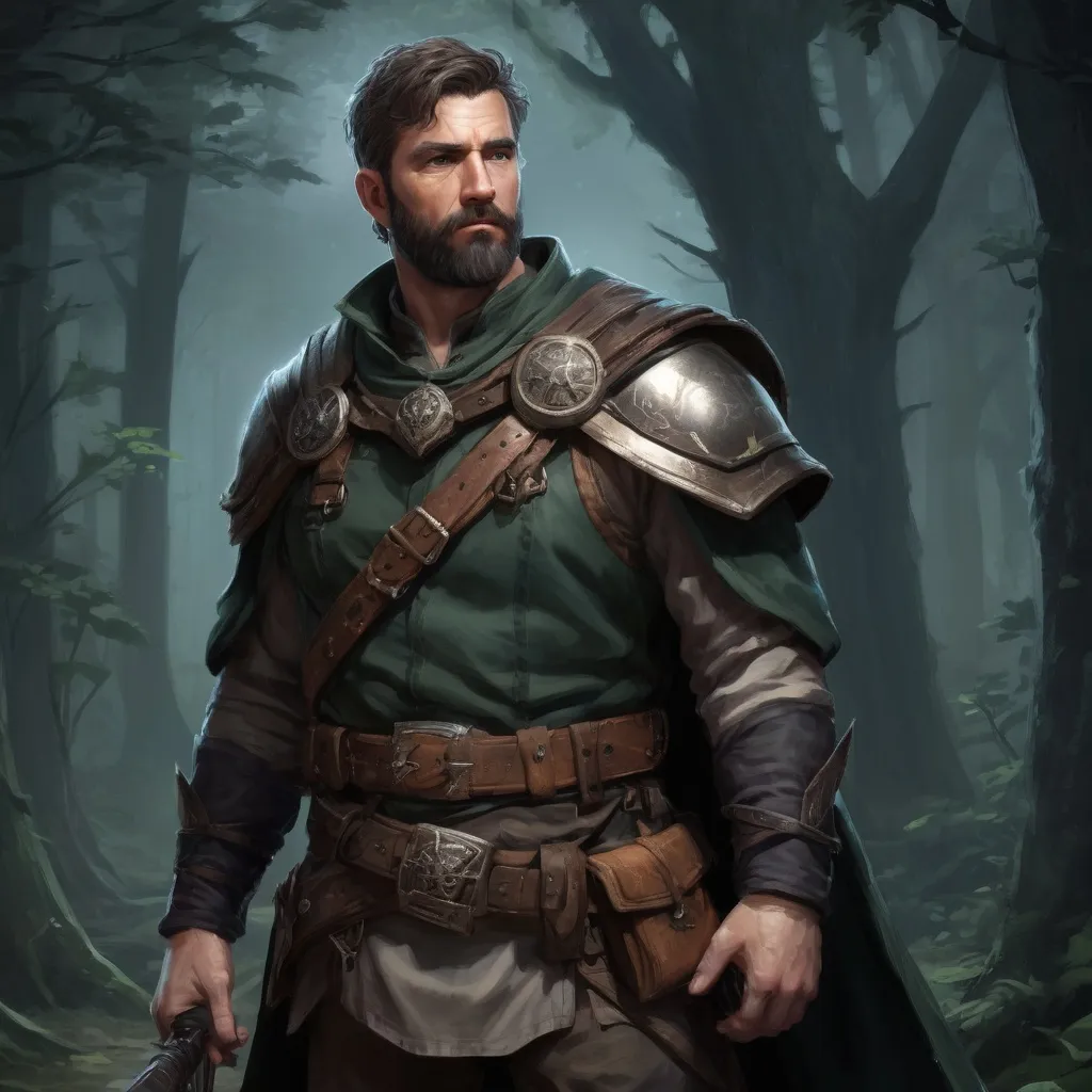 Prompt: Male stocky heavy-set mature fantasy-ranger with short-cut hair and beard, outside of fantasy forest at night, pathfinder, d&d setting, in a realistic high quality digital art style, enhanced shadow quality