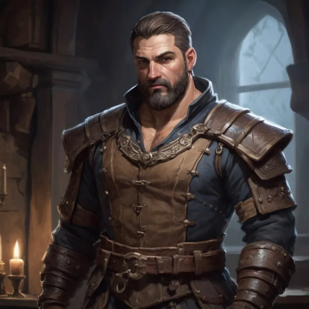 Prompt: (torso) Male stocky large muscular royal bard with short-cut hair and beard, exploring a dark tavern room, pathfinder, d&d setting, realistic, enhanced shadow quality