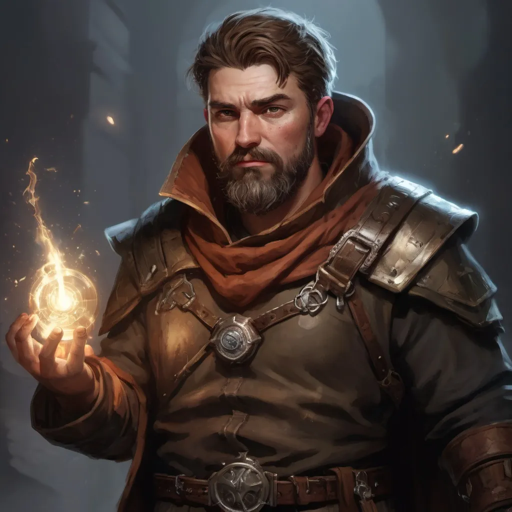 Prompt: (head and torso) Male stocky large mature alchemist with short-cut brown hair and beard, engaged in combat casting a light spell inside of a dark dungeon, pathfinder, d&d setting, in a realistic high quality digital art style, enhanced shadow quality