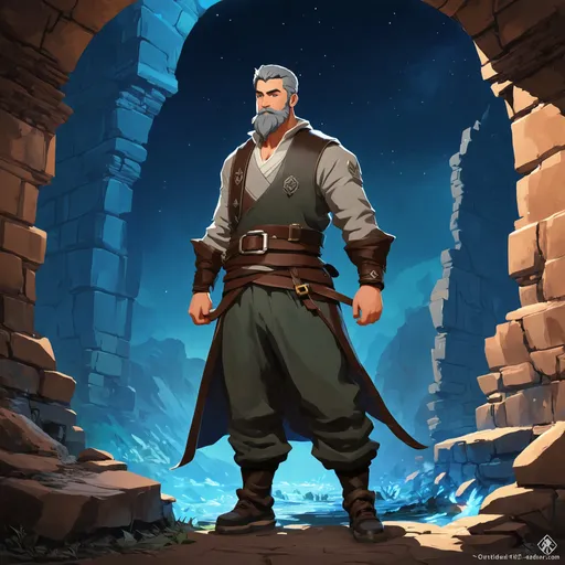 Prompt: (Full body) male alchemist with grey short hair and beard, belt and pants, exploring ruins at night, pathfinder, d&d setting, in a digital art style