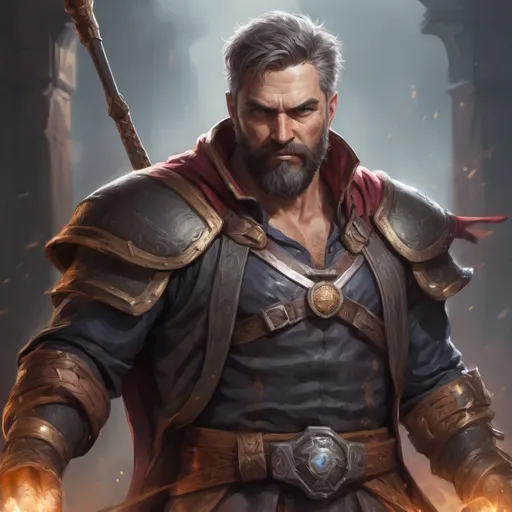 Prompt: Male stocky mature muscular battlemage with short-cut hair and beard, hairy chest, on a battlefield, in combat, Casting a spell, pathfinder, d&d setting, in a realistic high quality digital art style, enhanced shadow quality, colorful