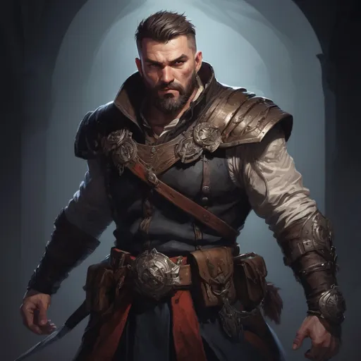 Prompt: Male stocky large mature albanian fighter with short-cut hair and beard, exploring a dark dungeon fighter a shadow-monster, pathfinder, d&d setting, in a realistic high quality digital art style, enhanced shadow quality, colorful