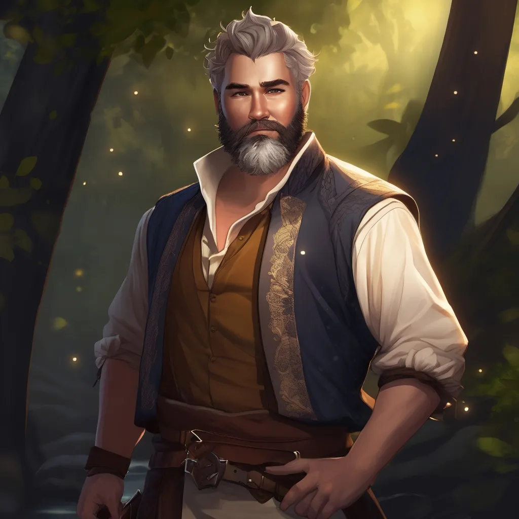 Prompt: (Full body) male stocky flirty bard with short hair and beard, open shirt, in dark lit nature background, pathfinder, d&d setting, in a realistic digital art style