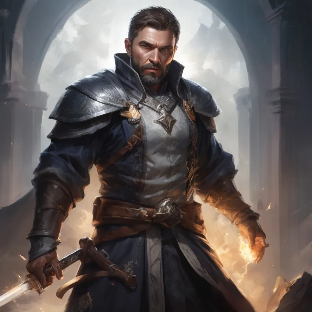 Prompt: Male stocky large mature fit battle-mage with short-cut hair and beard, engaged in combat casting a white-light spell in a dark room, pathfinder, d&d setting, realistic, enhanced shadow quality