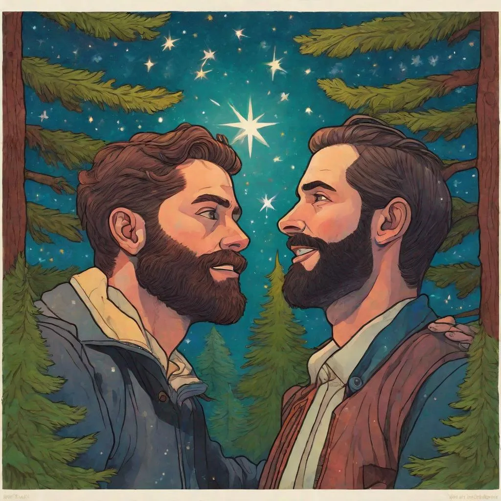 Prompt: Colourful picture of two handsome man with short brunette hair and a beard, reaching for each other, are surrounded by Sitka Spruce trees, framed by stars, in a painted style