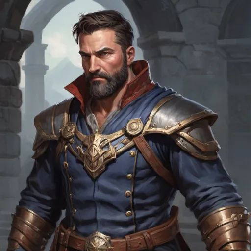 Prompt: Male heavy-set 39-year old muscular noble large sorcerer with short-cut hair and beard, in a windy castleground, pathfinder, d&d setting, enhanced shadow quality