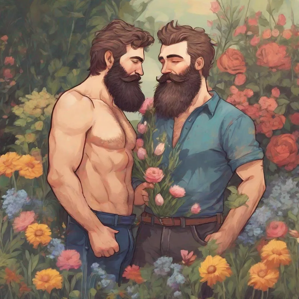 Prompt: Beautiful and colorful picture of two handsome hairy bearded short-haired large bandits with no shirt on, touching each other, romantic and loving, in their garden planting flowers, happy, in a painted style