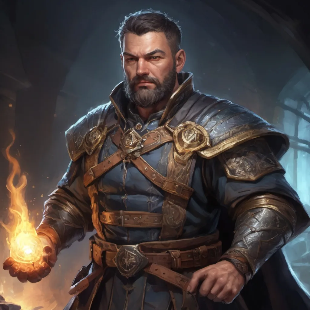 Prompt: (torso) Male stocky large mature cleric with short-cut hair and beard, engaged in combat casting a prismatic-spell inside a dungeon, pathfinder, d&d setting, in a realistic high quality digital art style, enhanced shadow quality