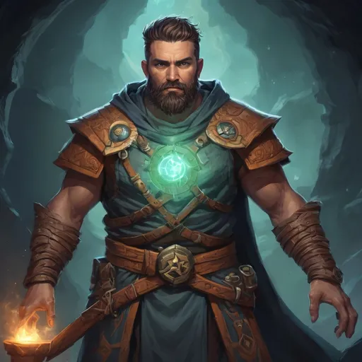 Prompt: Male stocky large mucular south-pacific arcane-druid with short-cut hair and beard, exploring a dark astral magical dungeon in combat, pathfinder, d&d setting, in a realistic high quality digital art style, enhanced shadow quality, colorful