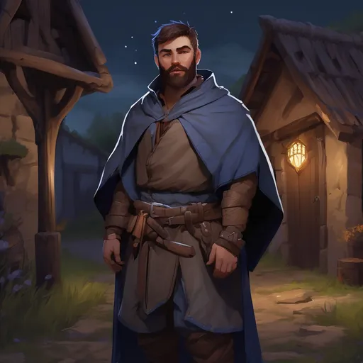 Prompt: (Full body) male thick manly mage with short hair and beard, outside of a village at night, pathfinder, d&d setting, in a realistic digital art style