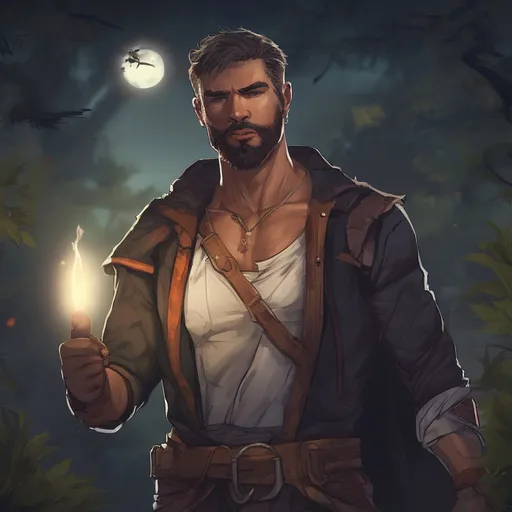 Prompt: A male muscular manly Thief with short hair and beard, in a nature at night, pathfinder, d&d setting, in a realistic high quality digital art style