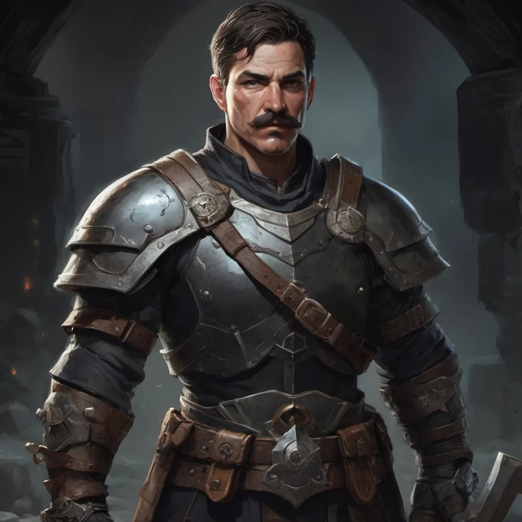 Prompt: (torso) Male heavy-set mature warrior with short-cut hair and mustache, holding weapon, in a dark dungeon underground, pathfinder, d&d setting, in a realistic high quality digital art style, enhanced shadow quality