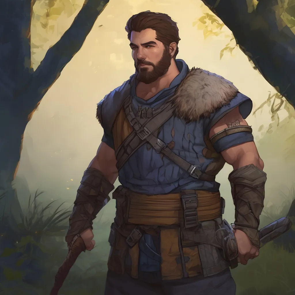 Prompt: (Full body) male stocky fighter with hairy chest and short hair and beard, in nature at night, pathfinder, d&d setting, in a realistic digital art style