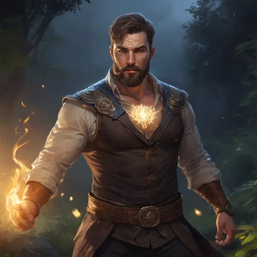 Prompt: male stocky heavy-set fat british royal transmuter with short-cut hair and beard,  open shirt hairy chest, casting swirly bright spell, in nature at night, pathfinder, d&d setting, in a realistic high quality digital art style, enhanced shadow quality