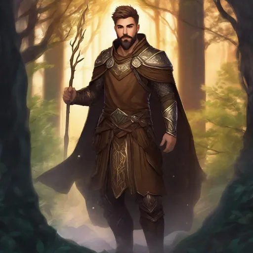 Prompt: (Full body picture) An elemental druid with short-cut hair and short beard, brown branch armor, magic around, cloak, manly, fantasy setting, dungeons and dragons, forest at night, in realistic digital art style