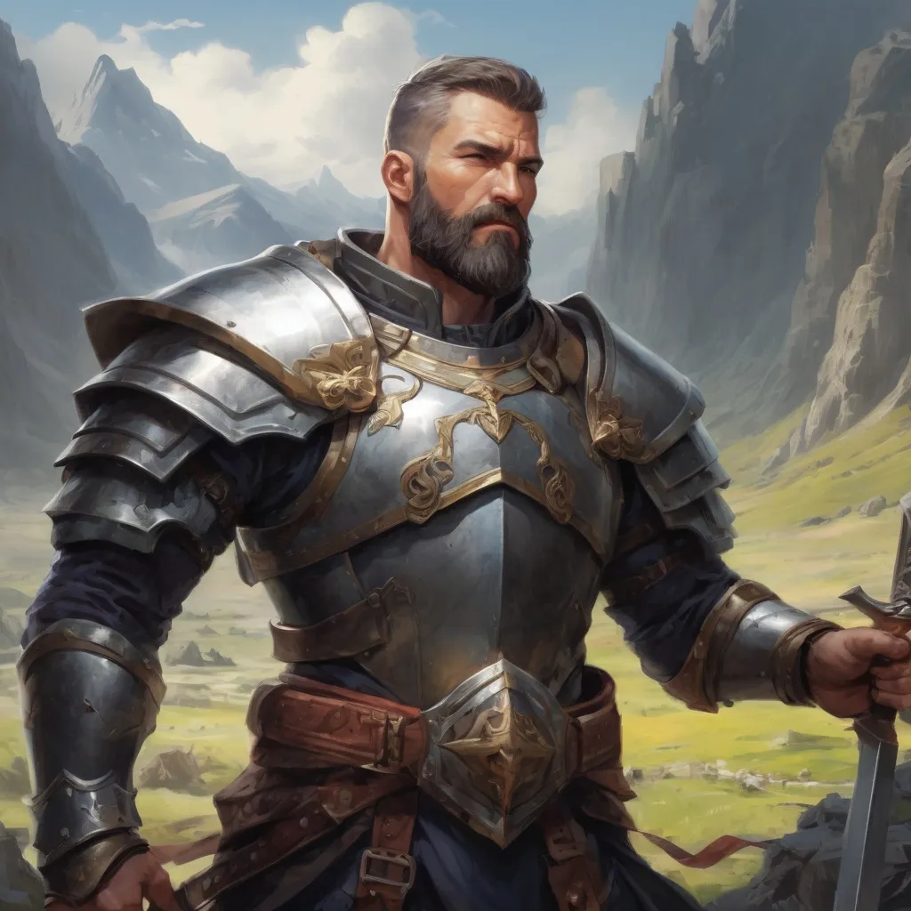 Prompt: Male heavy-set mature muscular holy-knight with short-cut hair and beard, in a windy valley in a battle, pathfinder, d&d setting, enhanced shadow quality