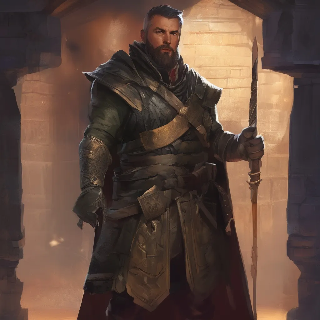 Prompt: (Full body) male stocky mage-hunter with short-cut hair and beard, in a dark magic temple dungeon, wearing big shoulderguards, pathfinder, d&d setting, in a realistic digital art style