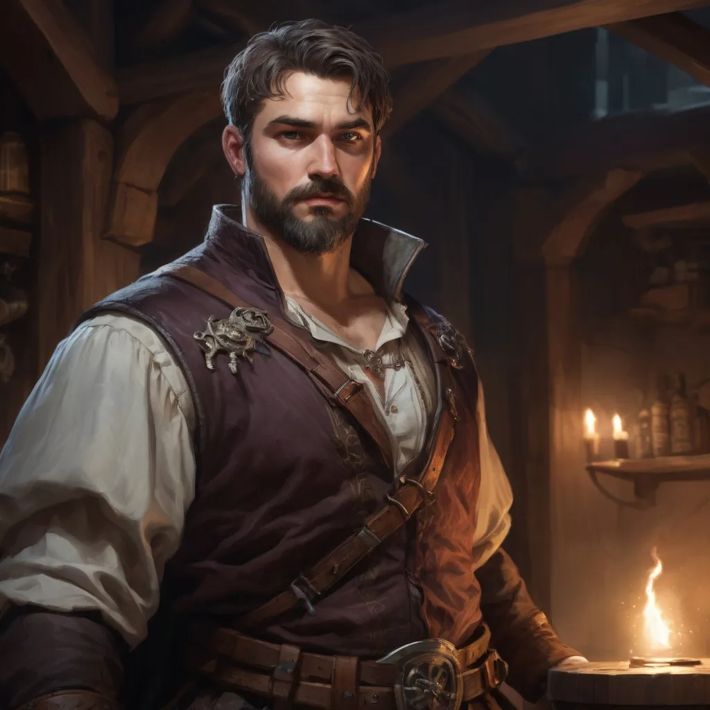 Prompt: Male stocky large muscular royal bard with short-cut hair and beard, exploring a dark tavern room, pathfinder, d&d setting, realistic, enhanced shadow quality