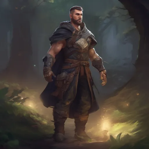 Prompt: (Full body) male muscular summoner with short hair and beard, in nature at night, pathfinder, d&d setting, in a realistic digital art style