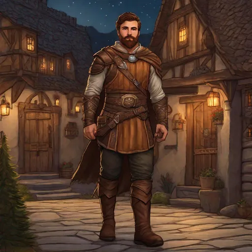 Prompt: (Fullbody) male adult hunter manly face, brown short-hair short-bearded, armor, hairy chest, heavy belt, brown boots, pathfinder, dungeons and dragons, outside a town at night, in a painted style, realistic