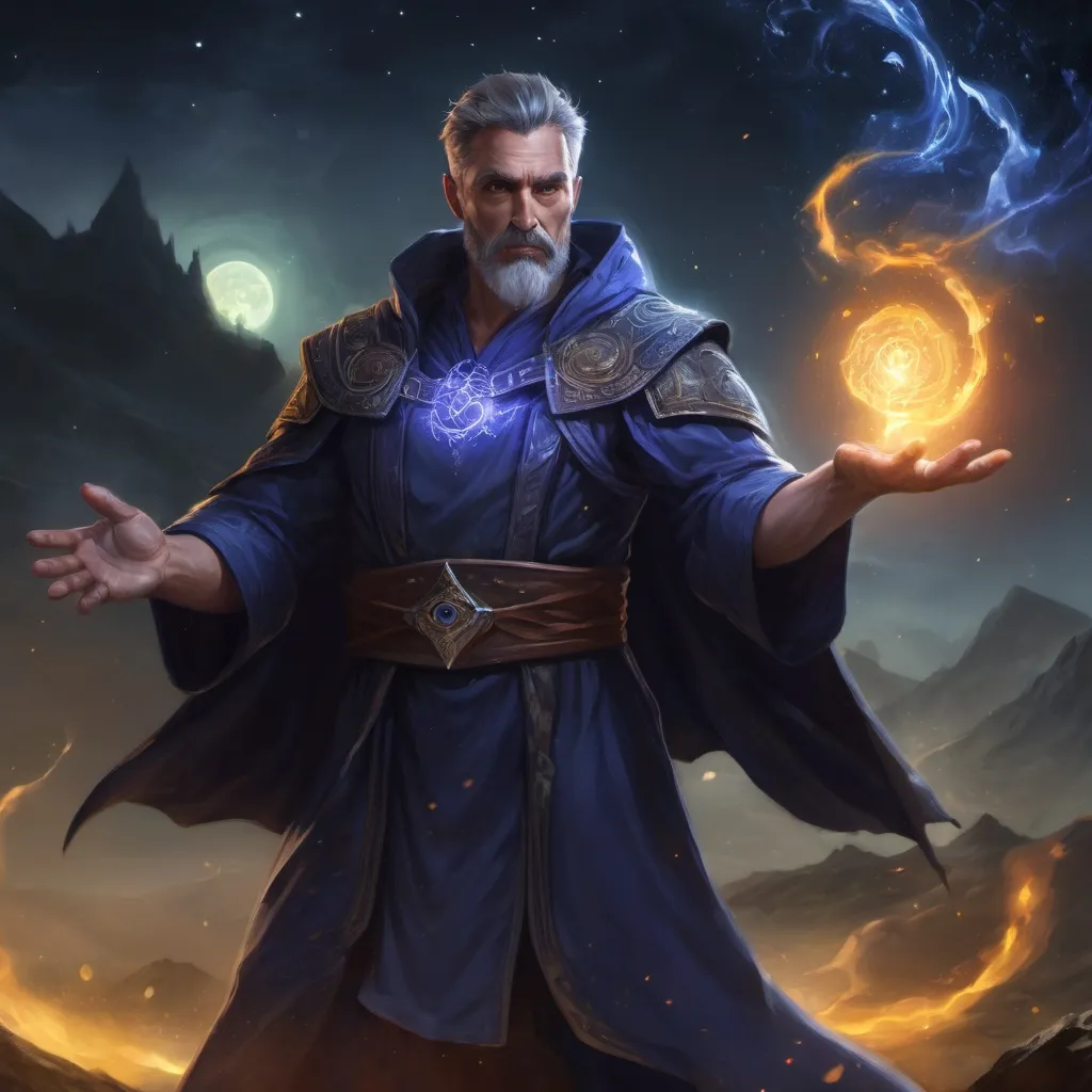 Prompt: Male stocky heavy-set mature sorcerer with short-cut hair and beard, magical robe, casting a magical astral spell out of hands, on a batle field at night, pathfinder, d&d setting, in a realistic high quality digital art style, enhanced shadow quality