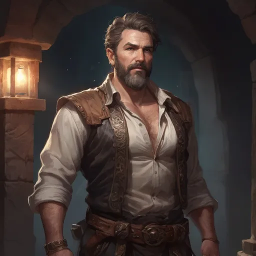 Prompt: (torso) Male stocky mature bard with short-cut hair and beard, hairy chest open shirt, inside of a magical temple dungeon at night, pathfinder, d&d setting, in a realistic high quality digital art style, enhanced shadow quality