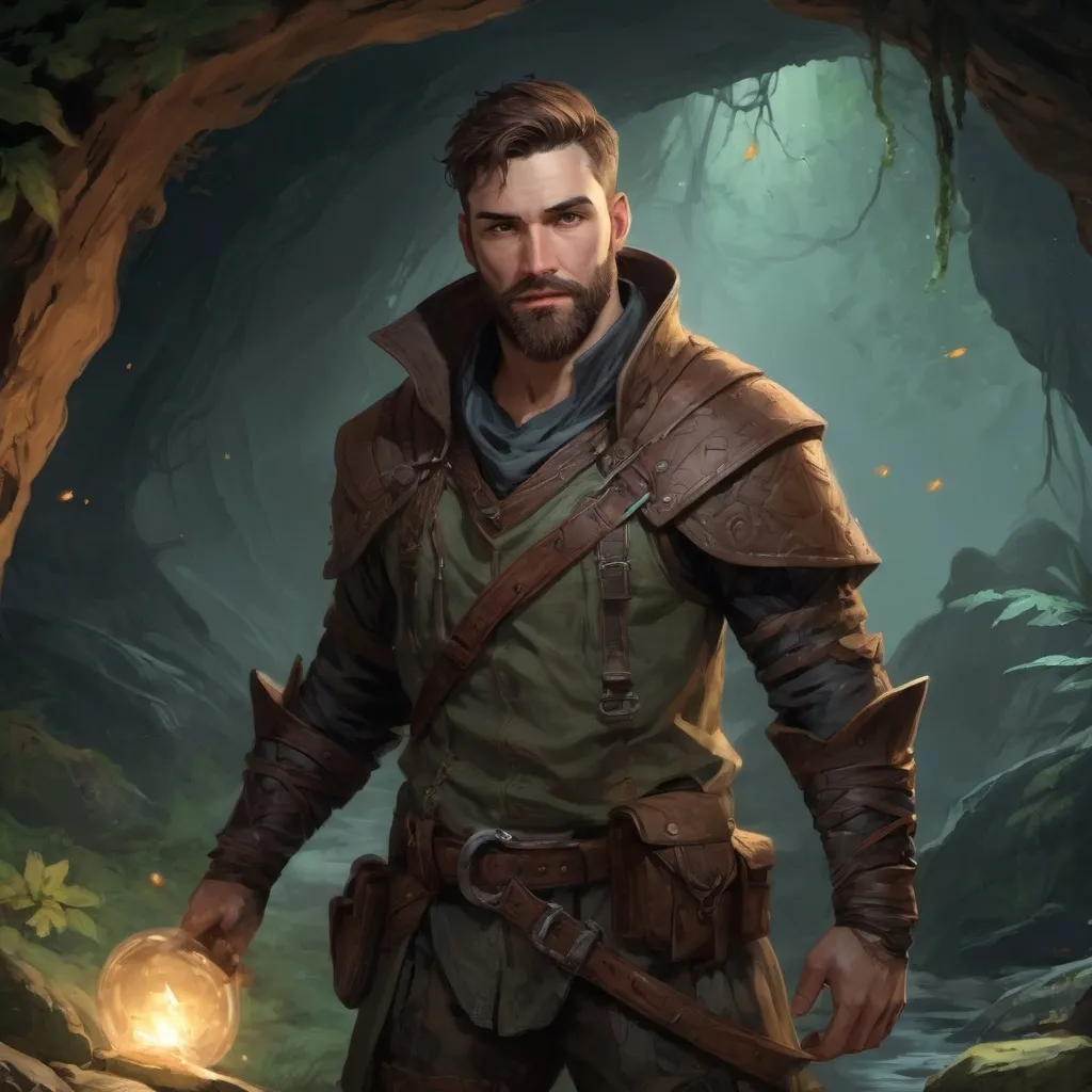 Prompt: (Full body) male stocky handsome arcane-ranger with short-cut hair and beard, in a forest cave at night pathfinder, d&d setting, in a realistic high quality digital art style