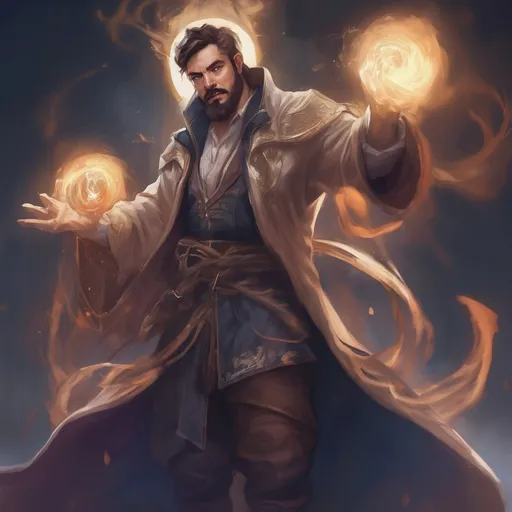 Prompt: (Full body) male stocky sorcerer with short-cut hair and beard, casting a swirly arcane-spell, in nature at night pathfinder, d&d setting, in a realistic digital art style