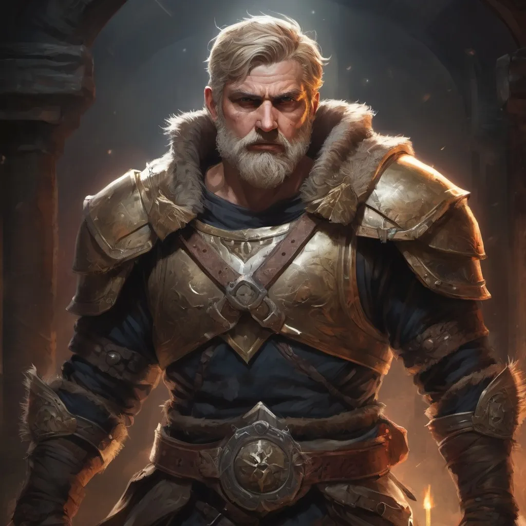 Prompt: Male stocky hairy mature warrior in  a breastplate, with short dark-blonde hair and beard, exploring a dark dungeon, pathfinder, d&d setting, in a realistic high quality digital art style, enhanced shadow quality, very colorful