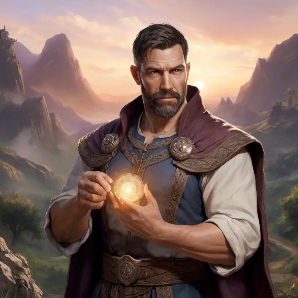 Prompt: (Torso) (portrait) Male stocky large muscular handsome 41-year old sorcerer with short-cut hair and beard, in movement casting a magic-spell in hands, standing in a windy valley at late dusk, pathfinder, d&d setting, realistic, enhanced shadow quality, colorful