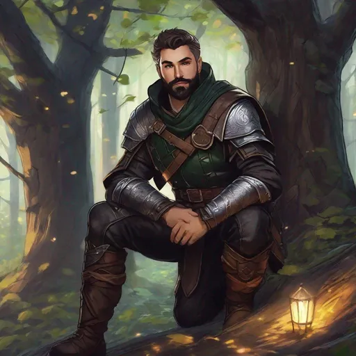 Prompt: (Full body) handsome thief with beautiful face short cut hair beard , leather armor, pathfinder, dungeons and dragons, in a dark forest outside of a town, in a digital realistic painted style