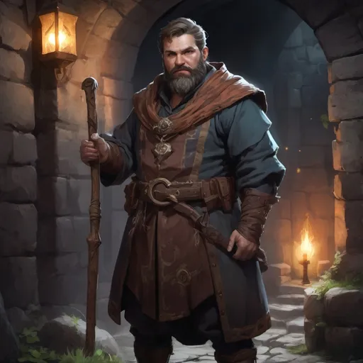 Prompt: (Full body) male stocky heavy-set enchanter with short hair and beard, outside of a dungeon entrance in nature at night, pathfinder, d&d setting, in a realistic high quality digital art style, enhanced shadow and light