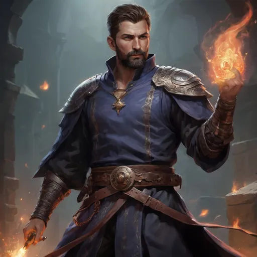 Prompt: (torso) Male stocky large albanian handsome battle-mage with short-cut hair and beard, engaged in combat casting an arcane-spell inside of a dark dungeon, in movement, pathfinder, d&d setting, realistic, enhanced shadow quality, colorful