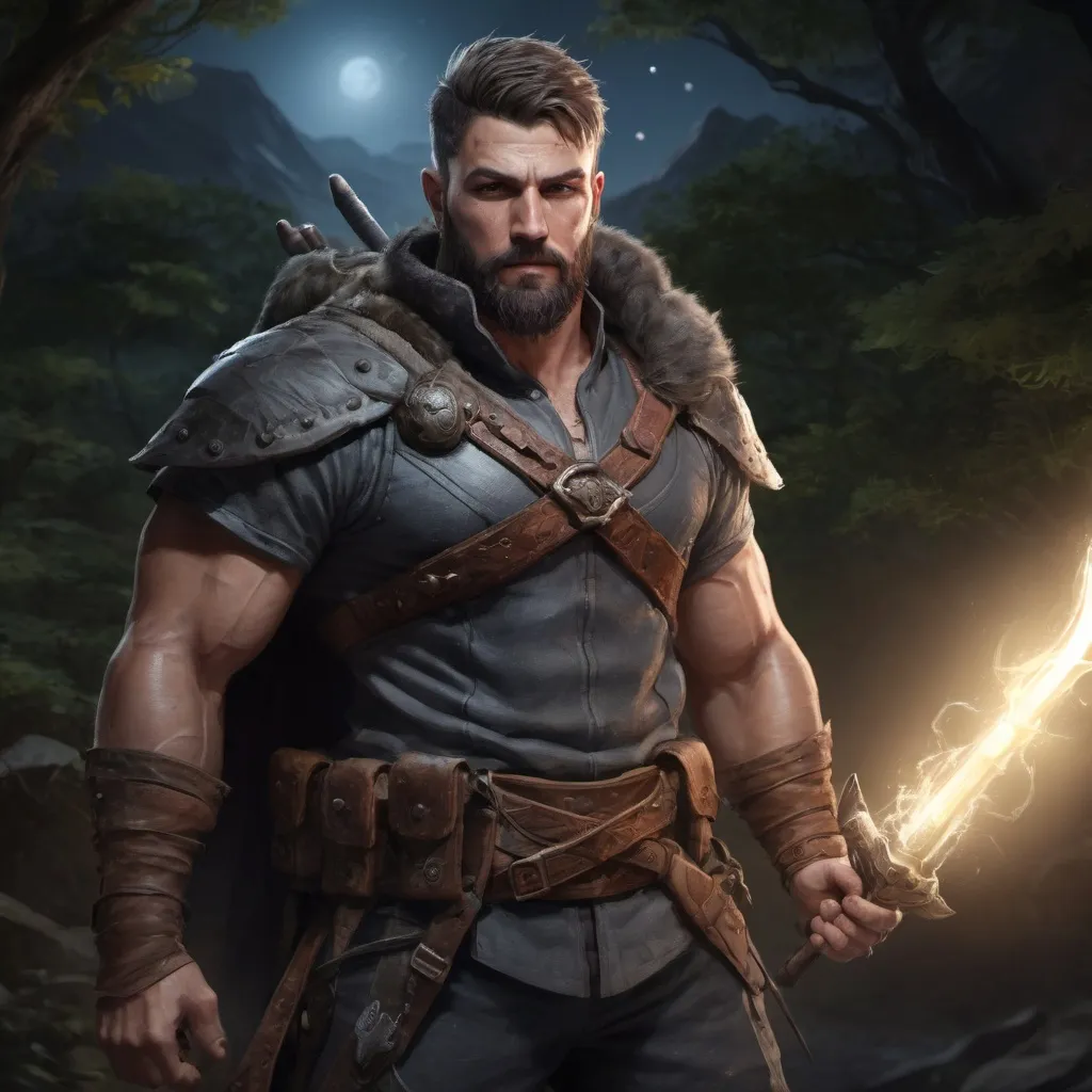 Prompt: male stocky fat muscular 
ranger-fighter with short hair and beard, holding fantasy-weapon, in nature at night, pathfinder, d&d setting, Realistic, Enhanced shadow and light quality