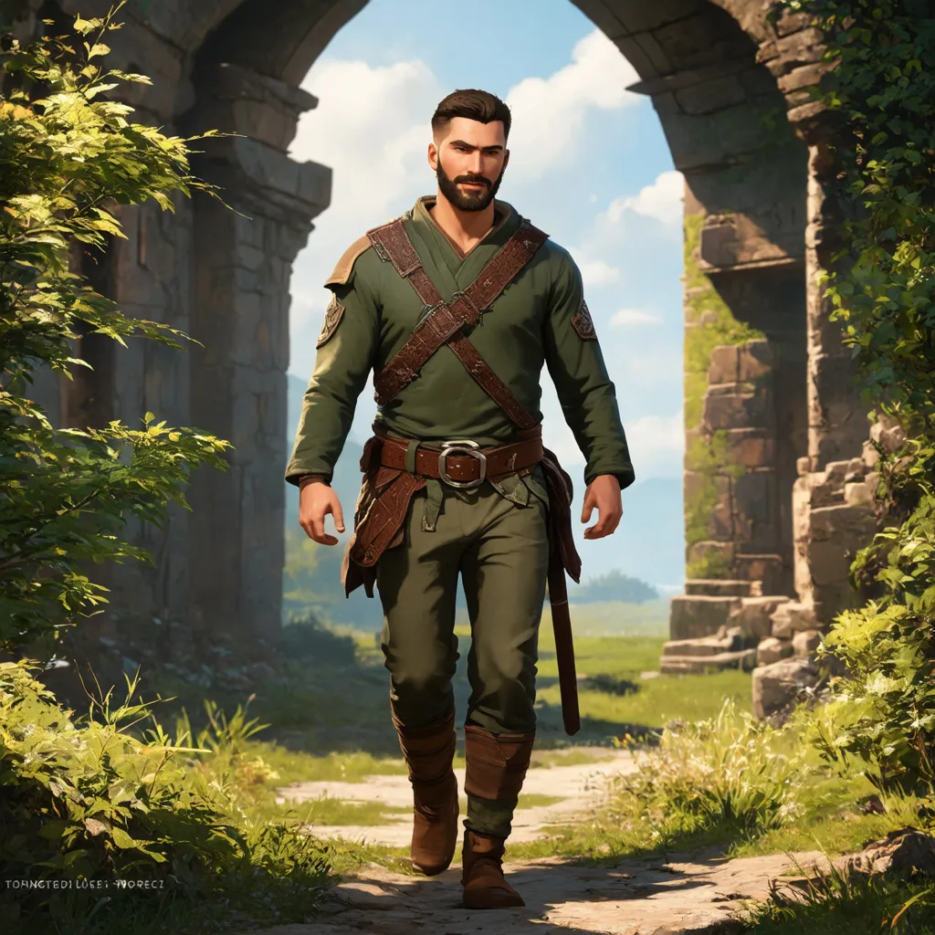 Prompt: (Full body) male ranger with a short hair and beard, belt and pants, walking outside of overgrown ruins, pathfinder, d&d setting, in a digital art style