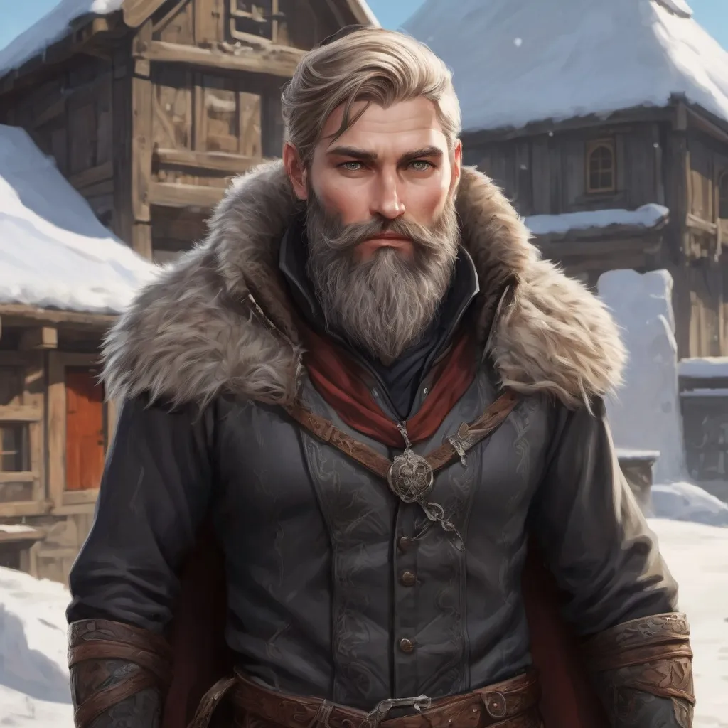 Prompt: (Full body) male handsome large norwegian arcanist with short hair and beard, by a small fantasy village, pathfinder, d&d setting, in a realistic high quality digital art style