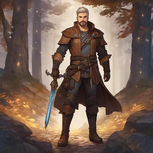 Prompt: (Fullbody) male brawler manly face short-cut hair with grey, short-bearded, leather shirt, no shirt, heavy belt , swirly magic, brown boots, cloak, pathfinder, dungeons and dragons, outside a town by a forest at night, holding a weapon, in a painted style, realistic