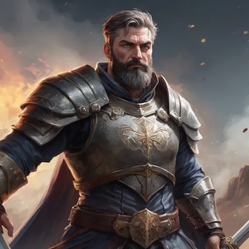 Prompt: Male stocky heavy-set mature magical Holy crusader with short-cut hair and beard, on a battlefield, in combat, holding a magic-sword, pathfinder, d&d setting, in a realistic high quality digital art style, enhanced shadow quality, colorful