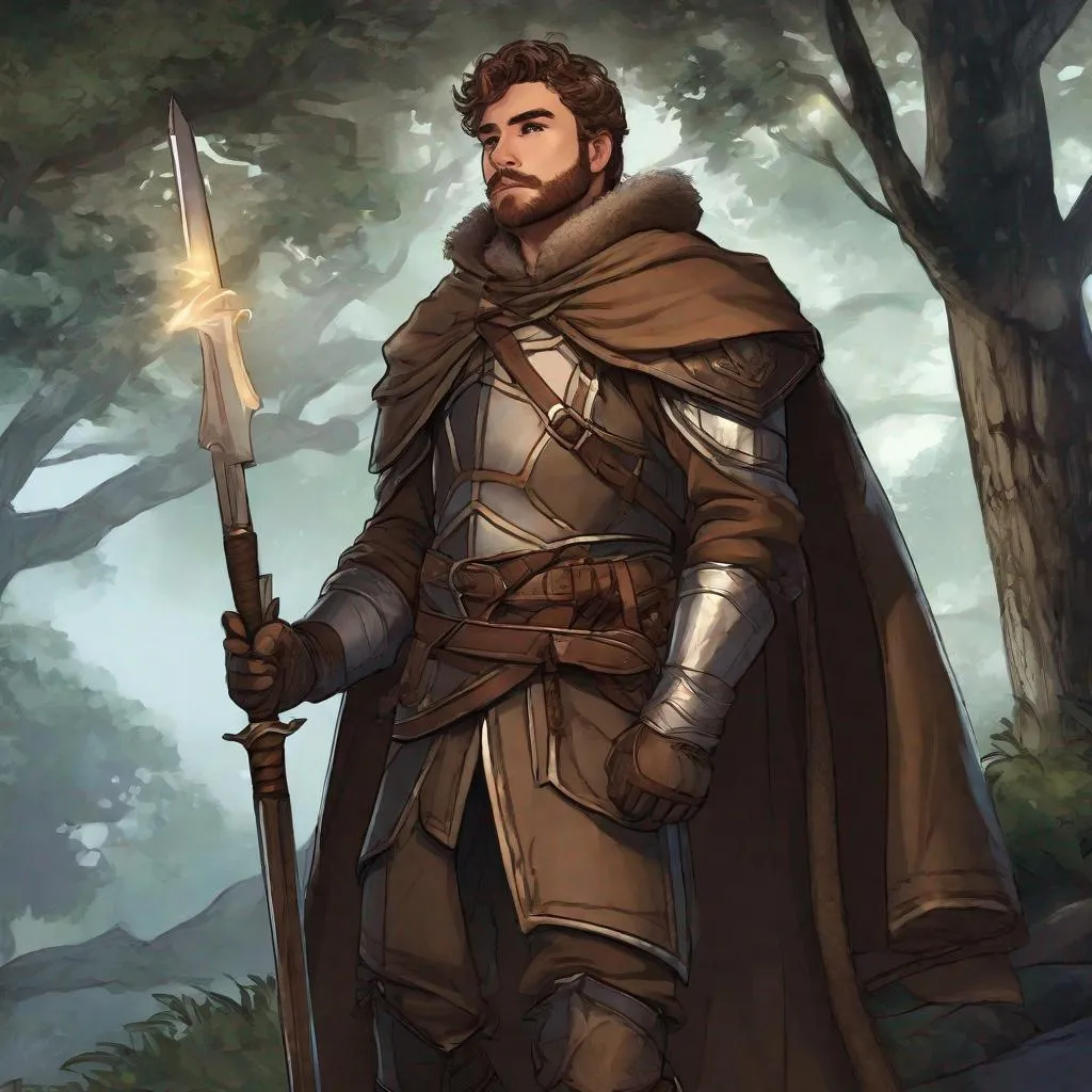 Prompt: (Fullbody) rogue hairy manly face looks like richard madden, short-hair, short-bearded, light mail-armour, hesavy belt, brown boots, cloak, pathfinder, dungeons and dragons, monocle, outside a tavern by the woods at night, holding a weapon, in a painted style, realistic