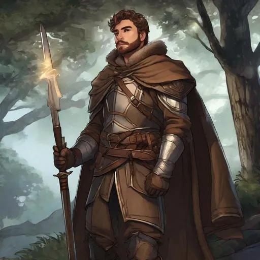 Prompt: (Fullbody) rogue hairy manly face looks like richard madden, short-hair, short-bearded, light mail-armour, hesavy belt, brown boots, cloak, pathfinder, dungeons and dragons, monocle, outside a tavern by the woods at night, holding a weapon, in a painted style, realistic