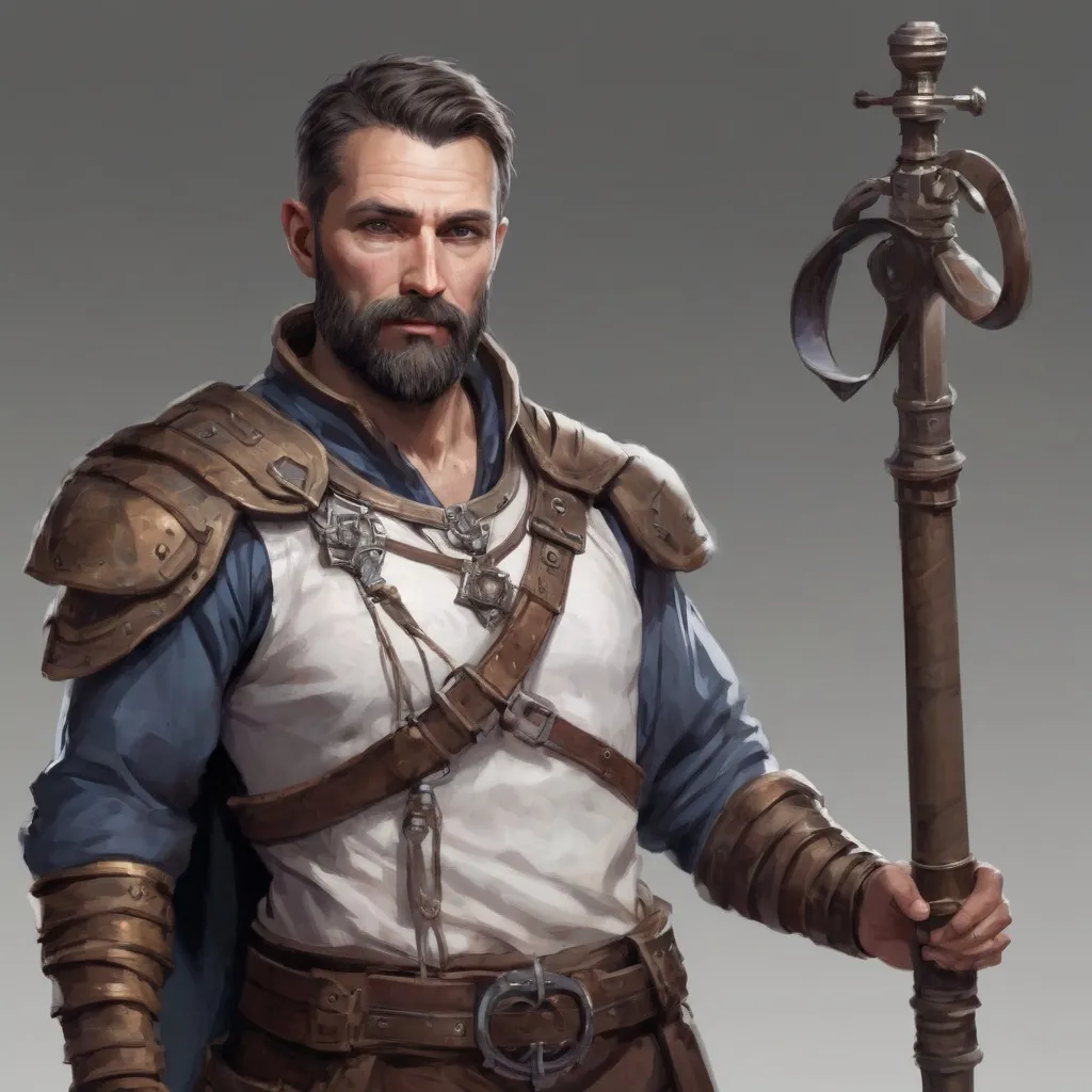 Prompt: (torso) Male stocky fit 39-year old alchemist with short-cut hair and beard, holding a magic wepon, in movement, pathfinder, d&d setting, realistic, enhanced shadow quality, colorful